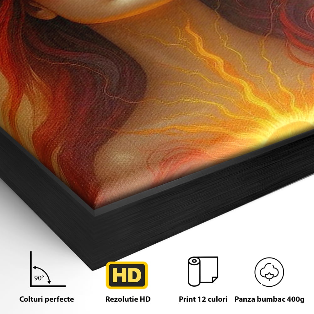 Detaliu al suprafetei: tablou canvas cu zeita focului, in rama de aluminiu negru